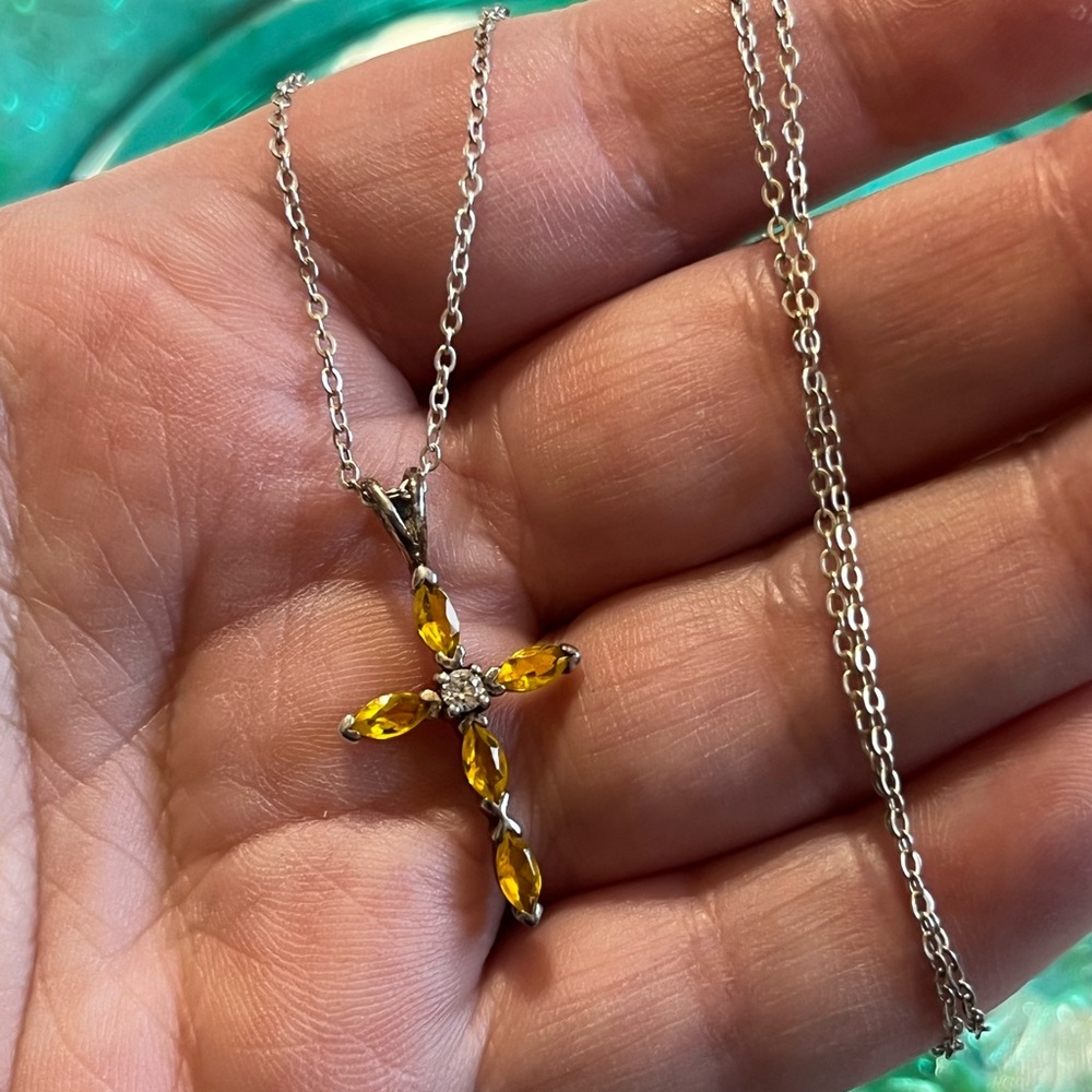 Vintage Sterling Silver 925 Citrine and Diamond Cross Crucifix Pendant Necklace